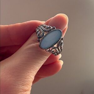 925 Sterling Silver Blue Mother of Pearl Filigree Ring Size 10